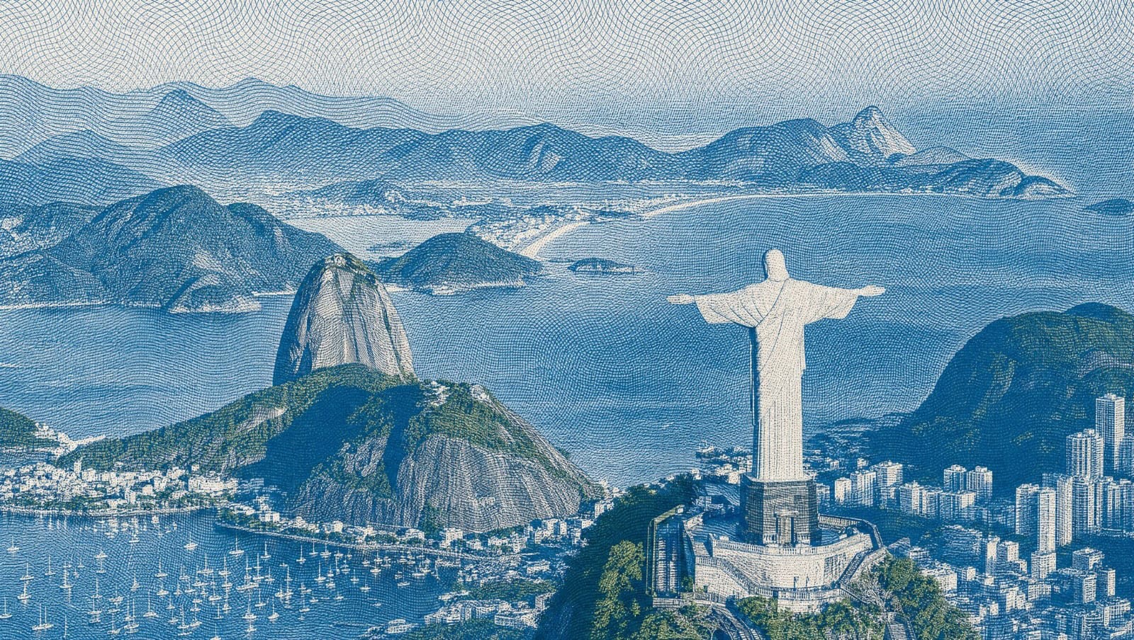 Engraved view of Rio de Janeiro, with Christ the Redeemer and Sugarloaf